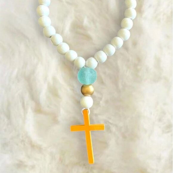 Blessing Bead Cross Pendant, Car Rear View Mirror Accessory, Cross Hanging Charm - Picture 2 of 5